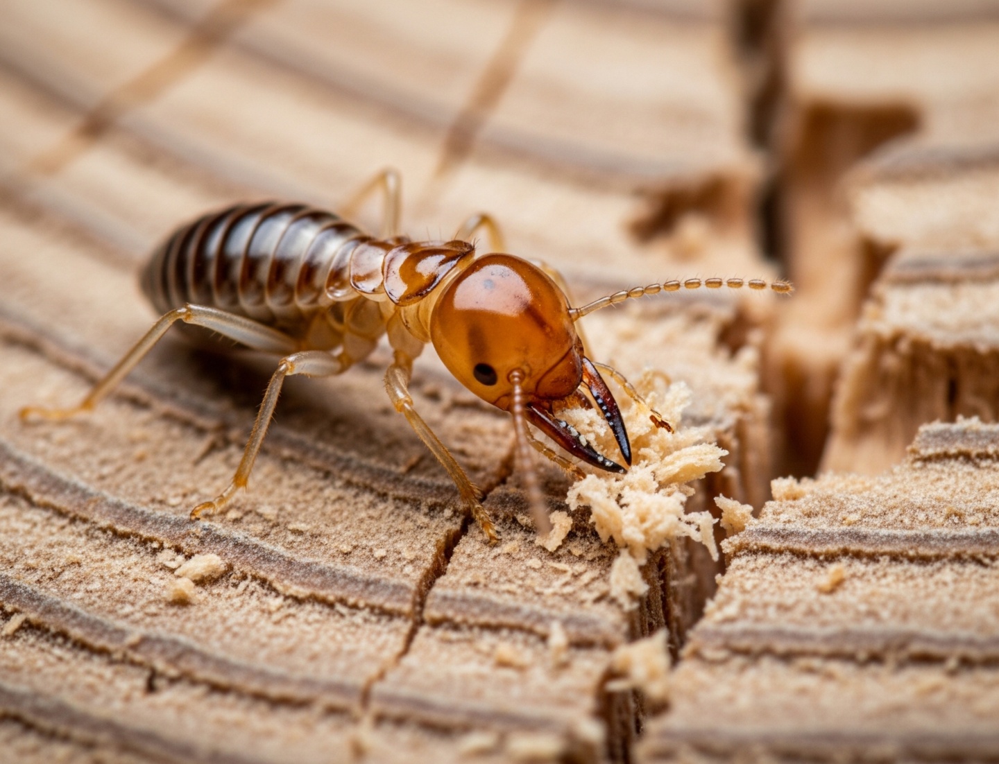Termite en gros plan rongeant du bois infesté
